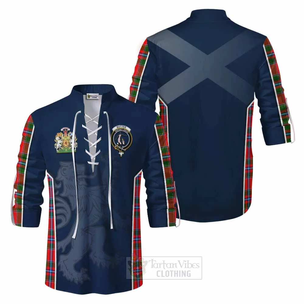 Butter Tartan Ghillie Kilt Shirt with Family Crest and Lion Rampant Vibes Sport Style