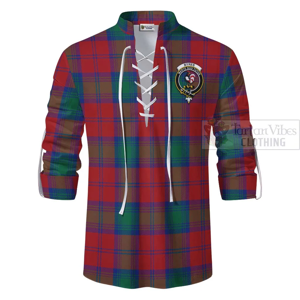 Byres (Byses) Tartan Ghillie Kilt Shirt with Family Crest and Bearded Skull Holding Bottles of Whiskey