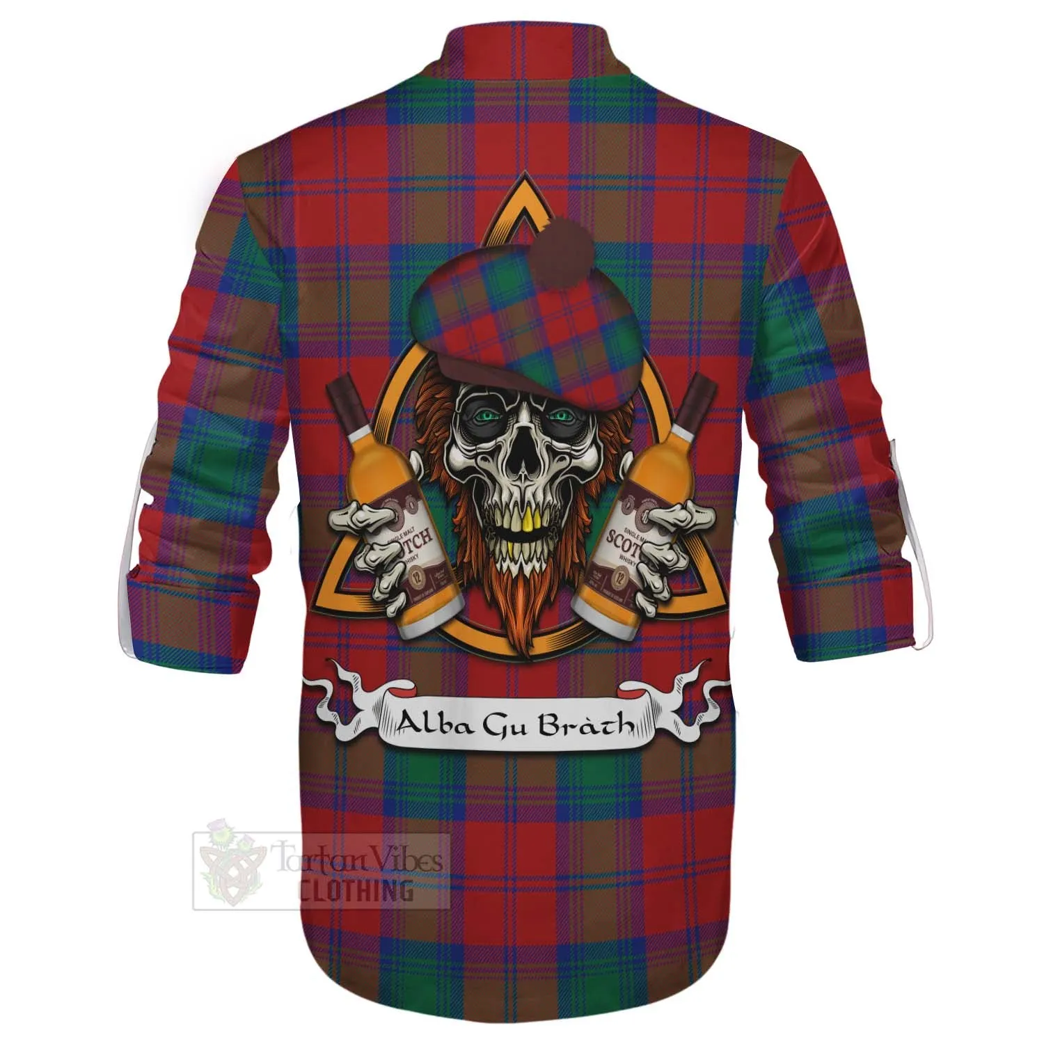 Byres (Byses) Tartan Ghillie Kilt Shirt with Family Crest and Bearded Skull Holding Bottles of Whiskey