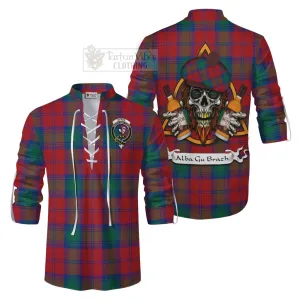 Byres (Byses) Tartan Ghillie Kilt Shirt with Family Crest and Bearded Skull Holding Bottles of Whiskey