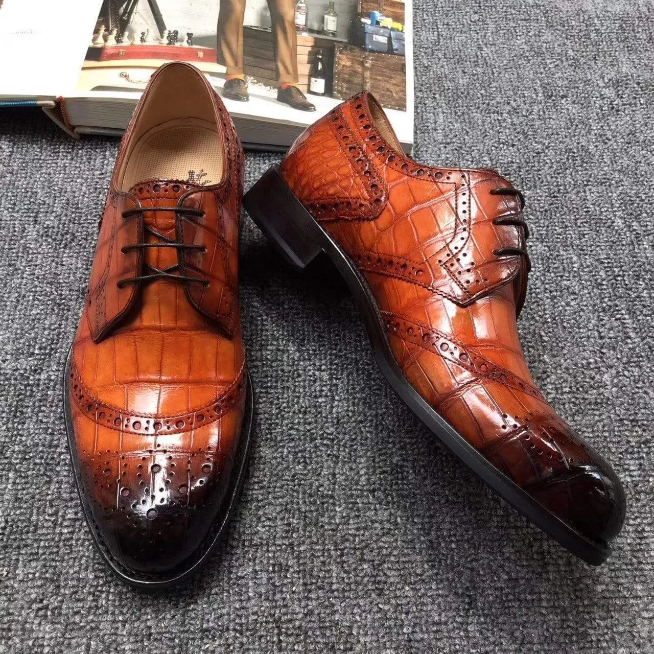 Crocodile Shoes Genuine Crocodile  Belly Leather  Shoes  Mens Cap Toe Crust Tuscania Wingtip