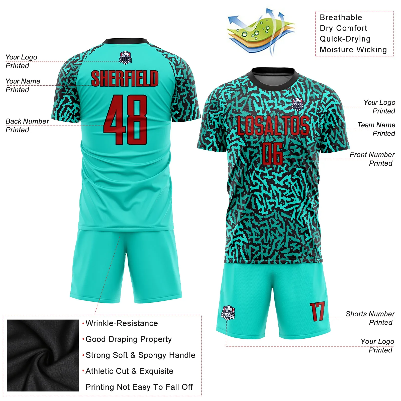 Custom Aqua Red-Black Sublimation Soccer Uniform Jersey