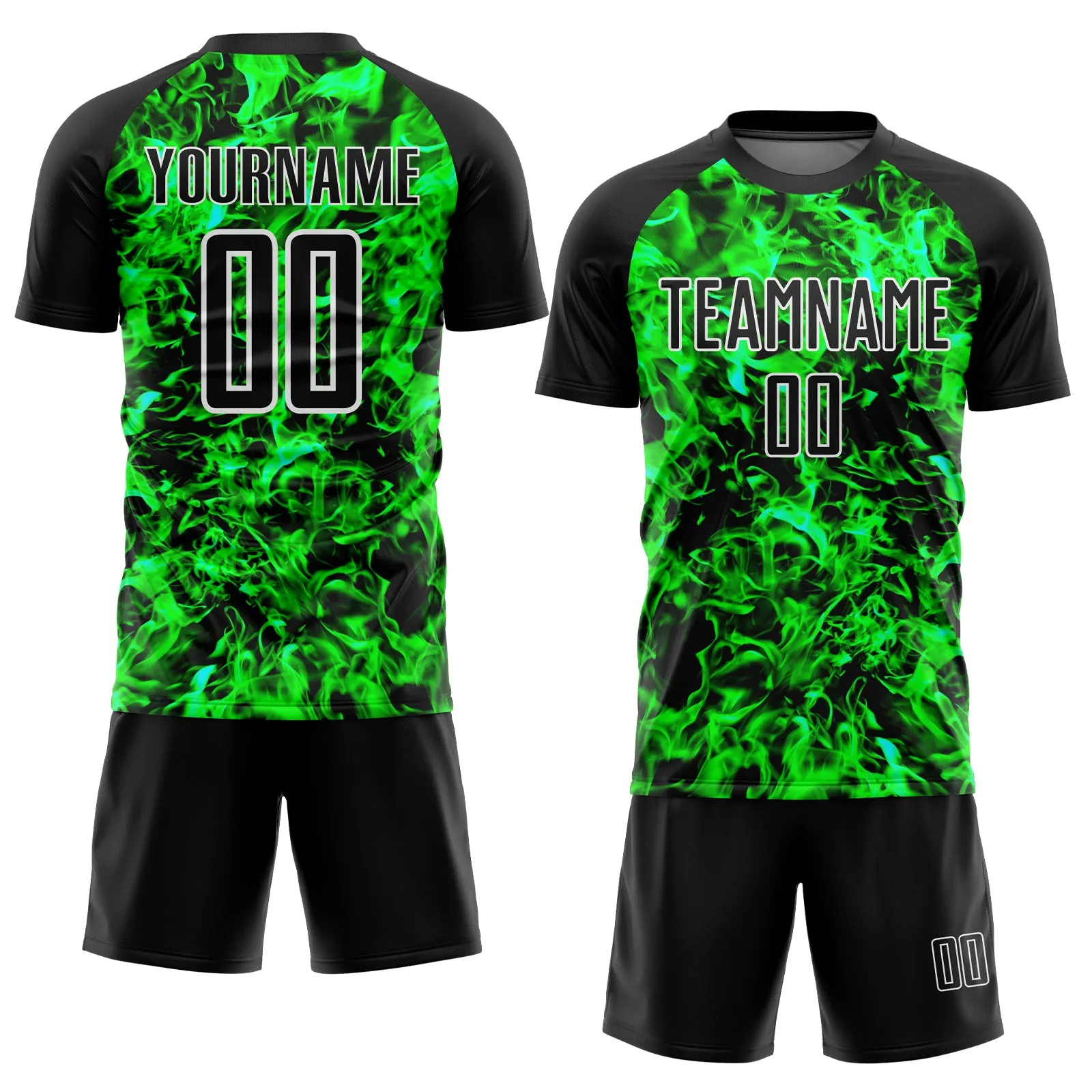 Custom Black Grass Green-White Flame Sublimation Soccer Uniform Jersey