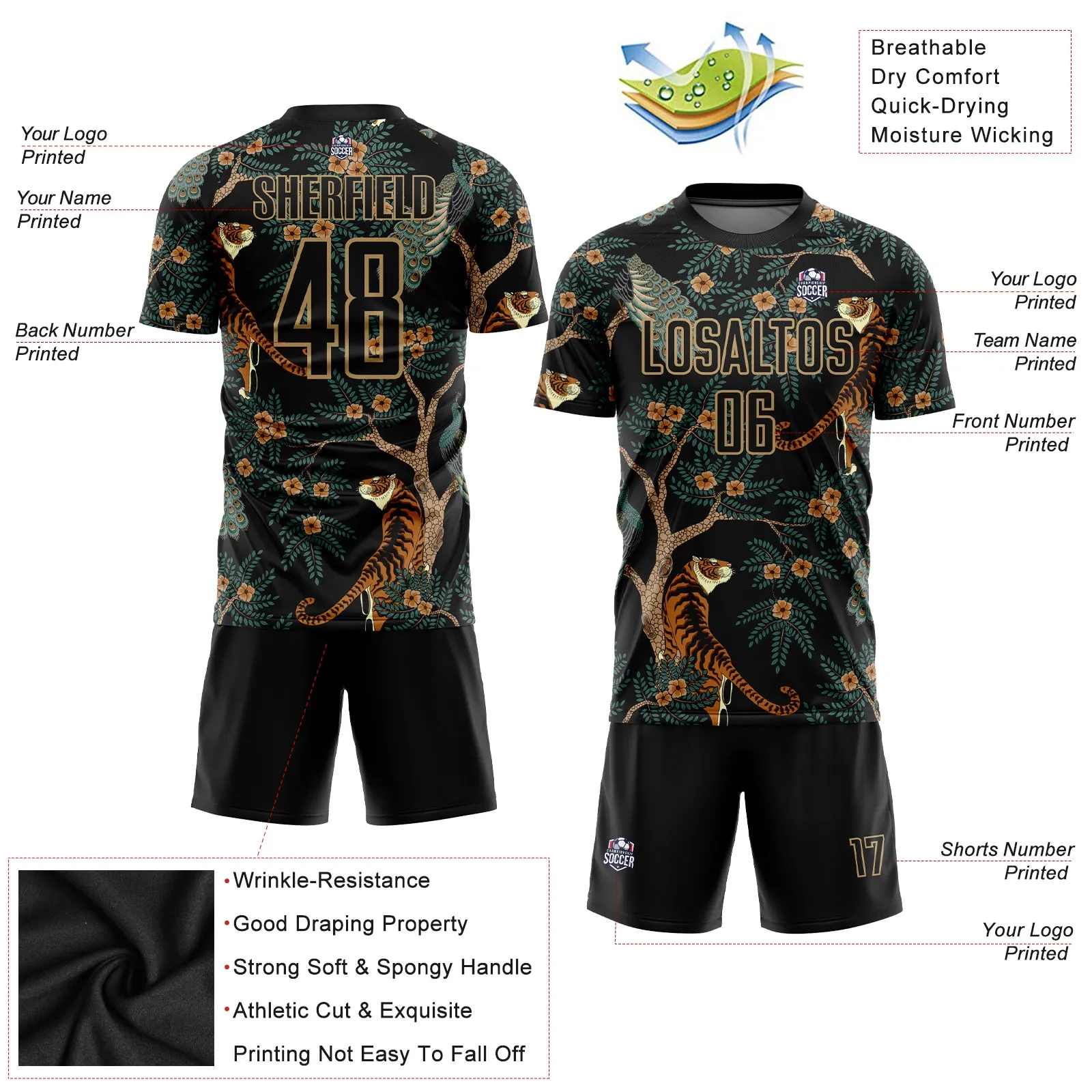 Custom Black Old Gold Tiger And Peacock Sublimation Soccer Uniform Jersey