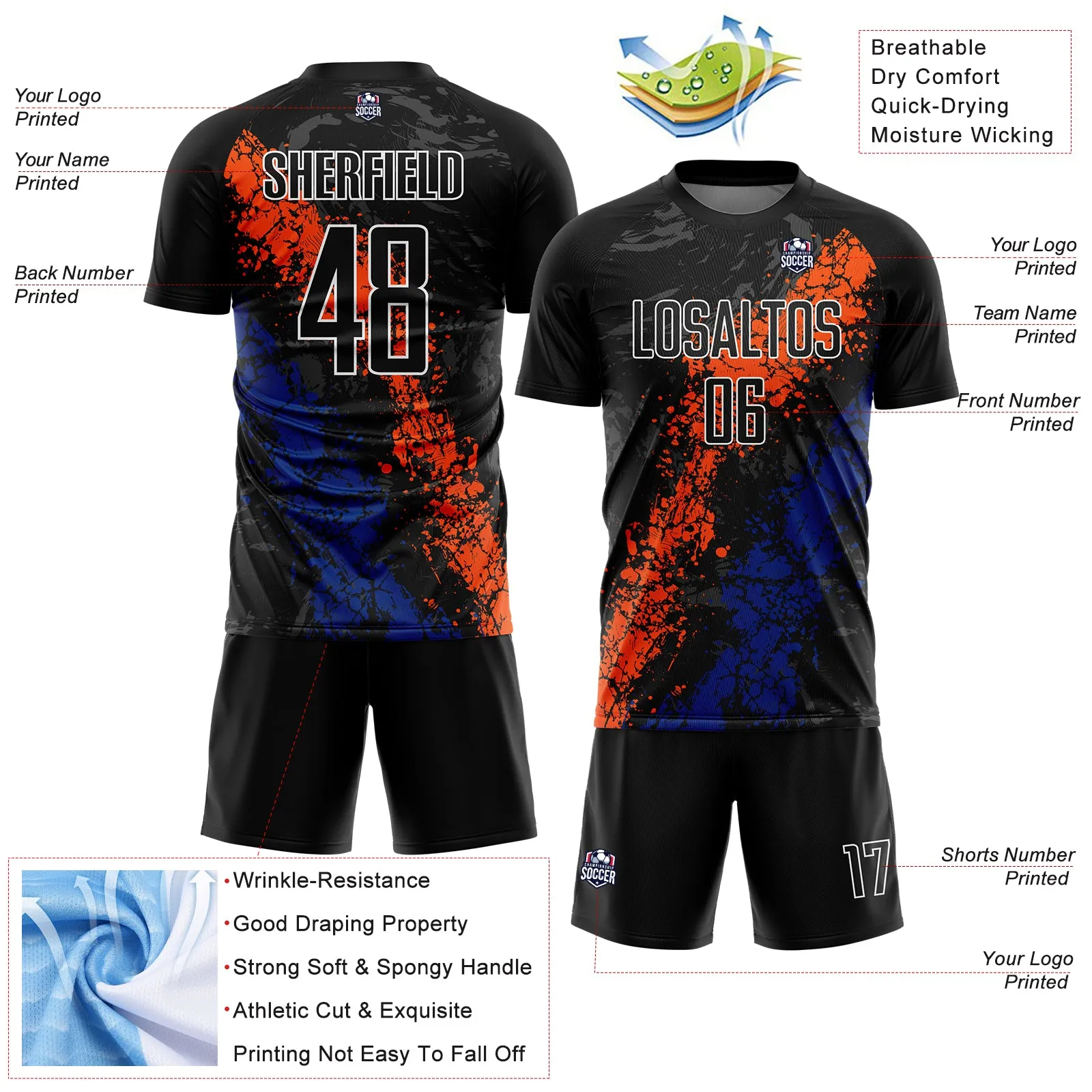 Custom Black Orange-Royal Dripping Splatter Art Sublimation Soccer Uniform Jersey