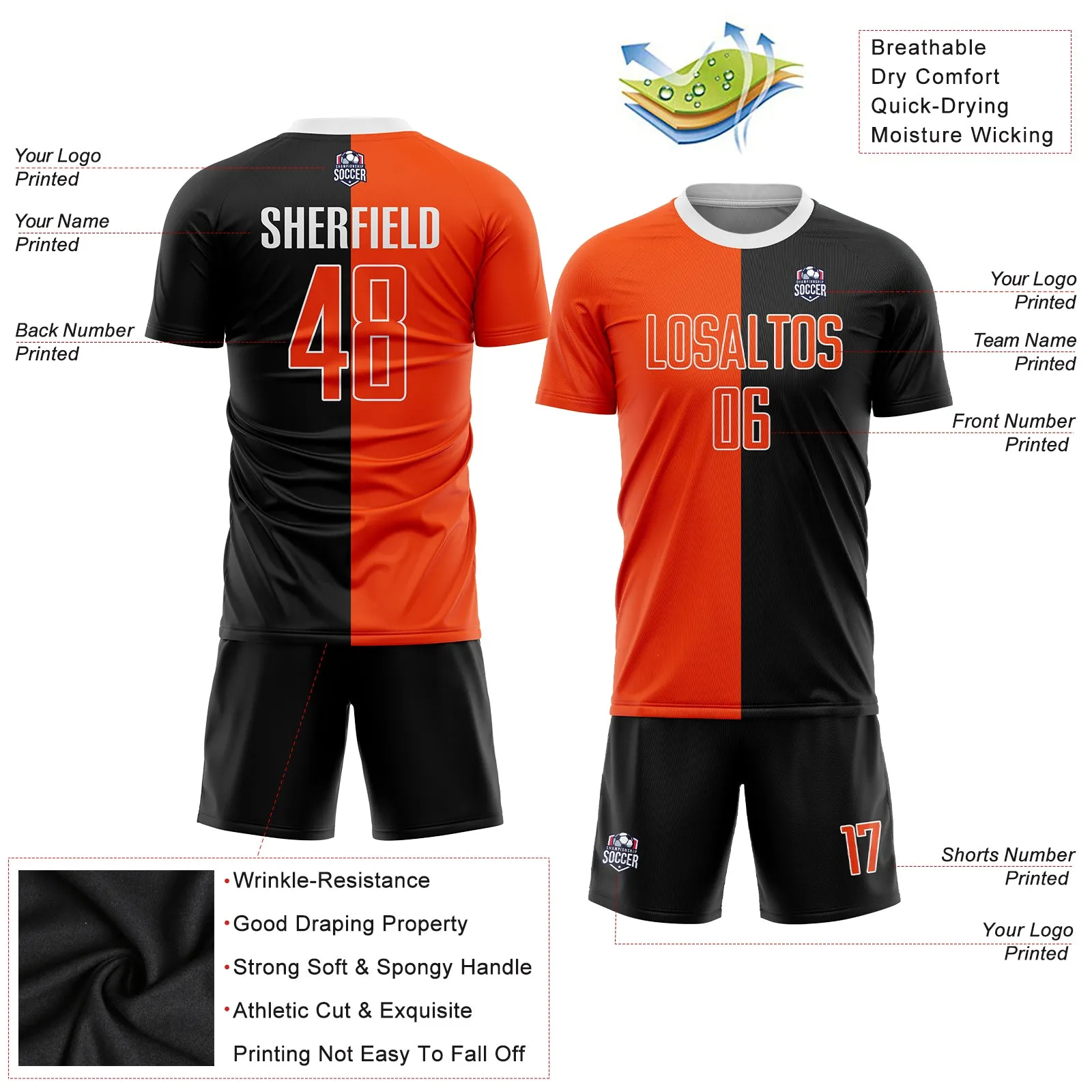 Custom Black Orange-White Sublimation Split Fashion Soccer Uniform Jersey