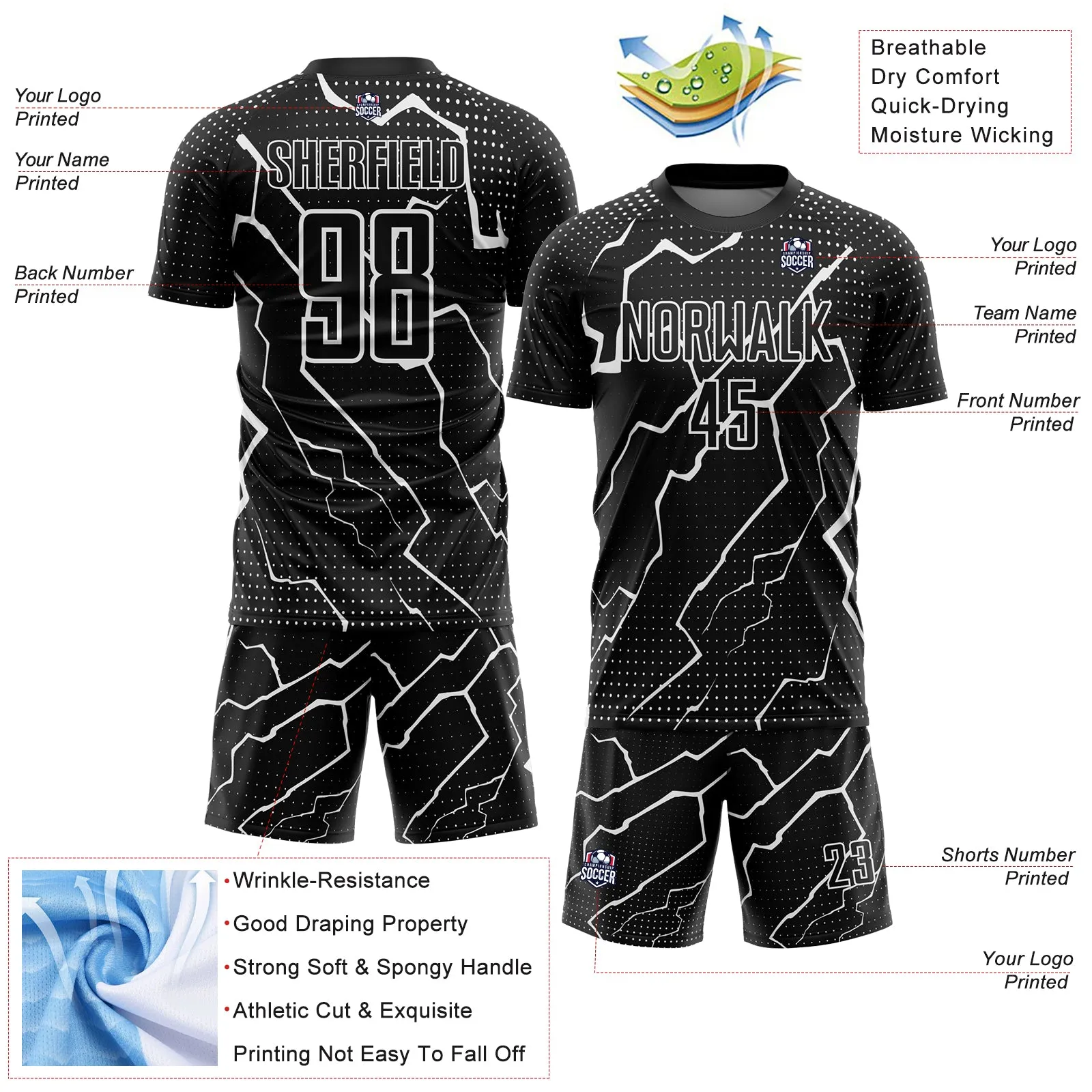 Custom Black White Lightning Sublimation Soccer Uniform Jersey