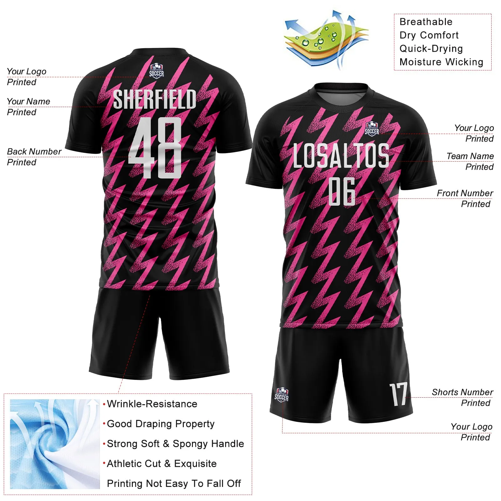 Custom Black White-Pink Zigzag Shape Sublimation Soccer Uniform Jersey