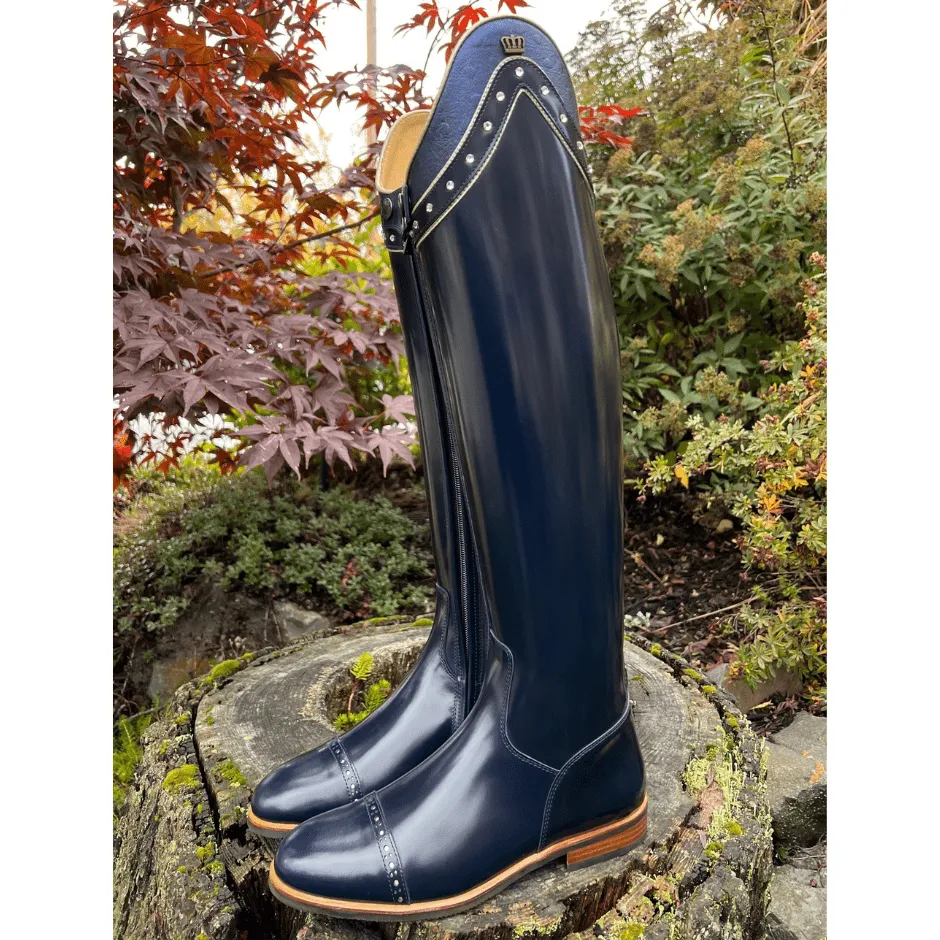 Custom Kingsley Capri 01 Dressage Boot - Polished Uragano Blue with Ostrich Blue Dulce Top & Swarovski