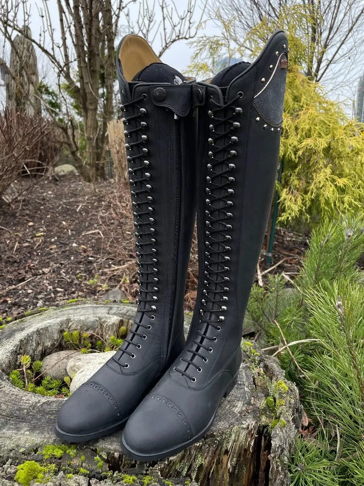 Custom Kingsley Orlando 02 Lace Up Dressage Boot - Guacho Black with Sensory Grey Eve Top & Rose Gold