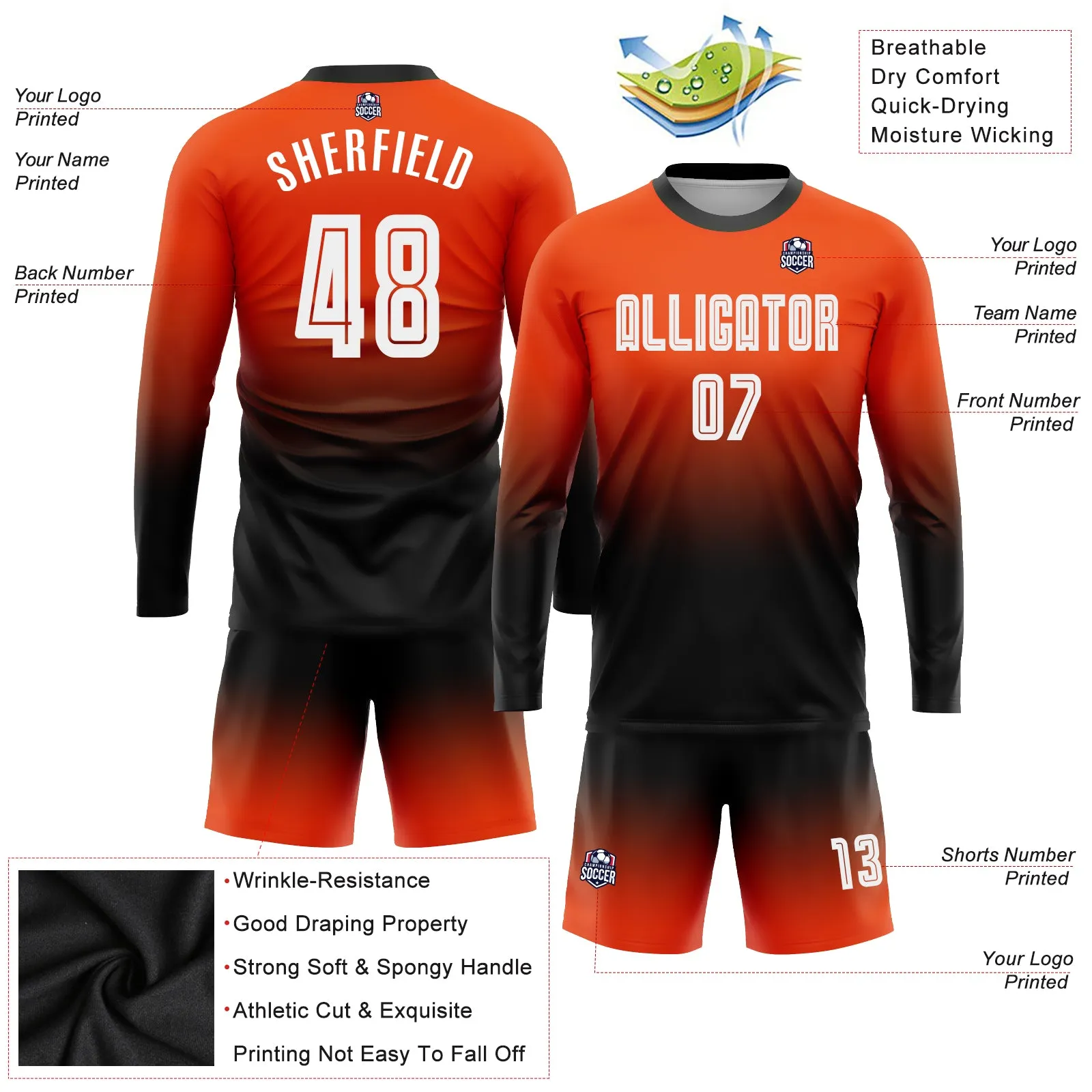 Custom Orange White-Black Sublimation Long Sleeve Fade Fashion Soccer Uniform Jersey