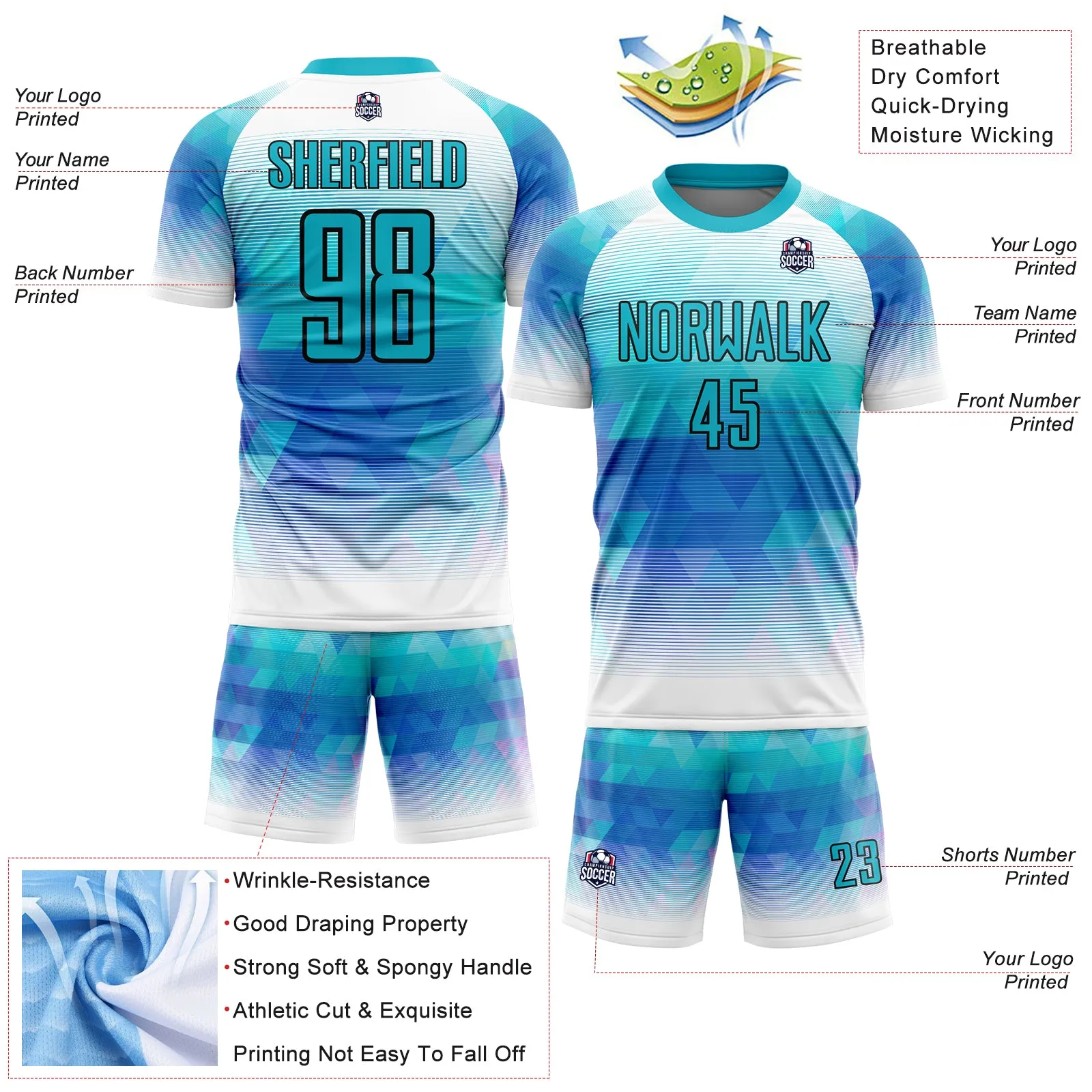 Custom Teal White Geometric Triangle Sublimation Soccer Uniform Jersey