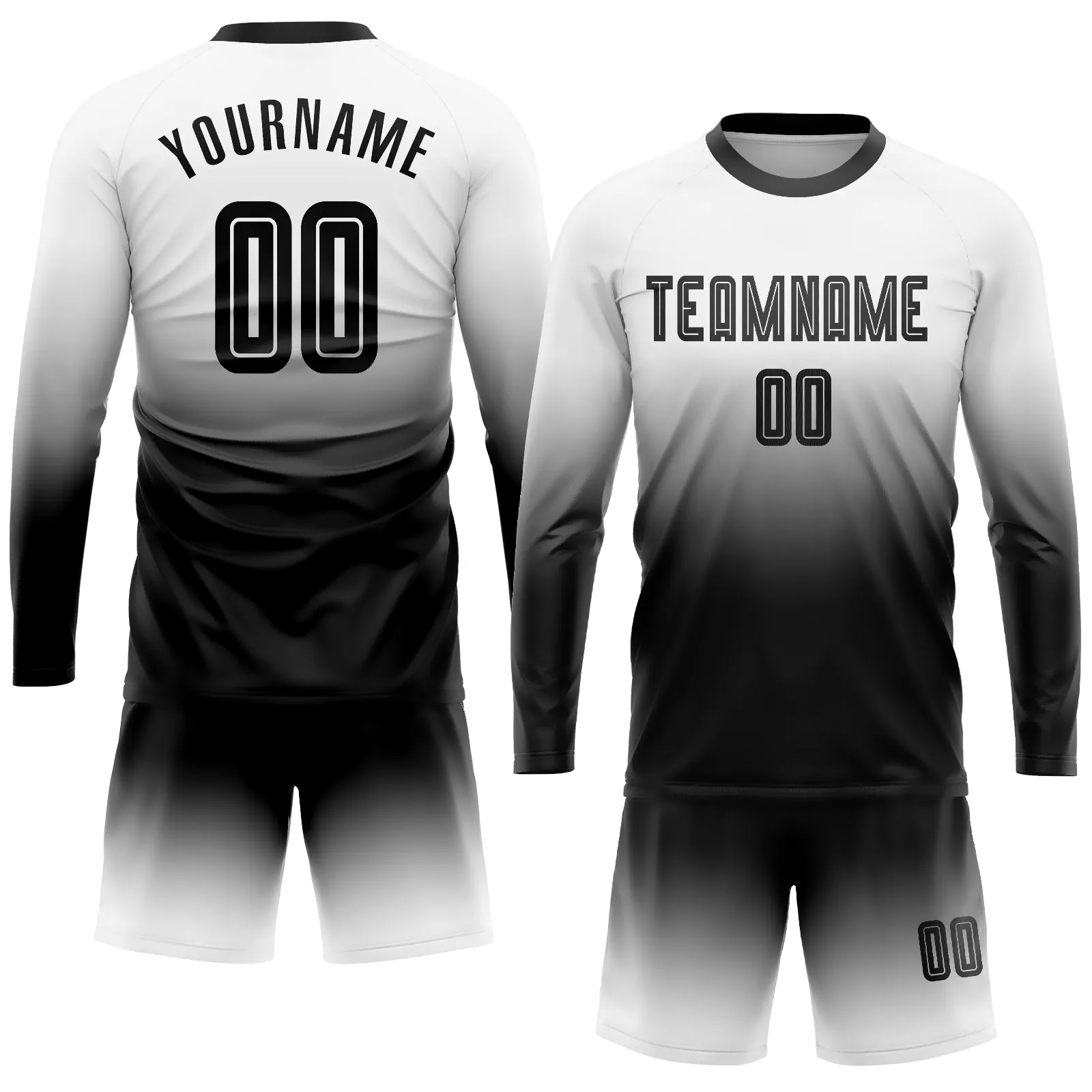 Custom White Black Sublimation Long Sleeve Fade Fashion Soccer Uniform Jersey