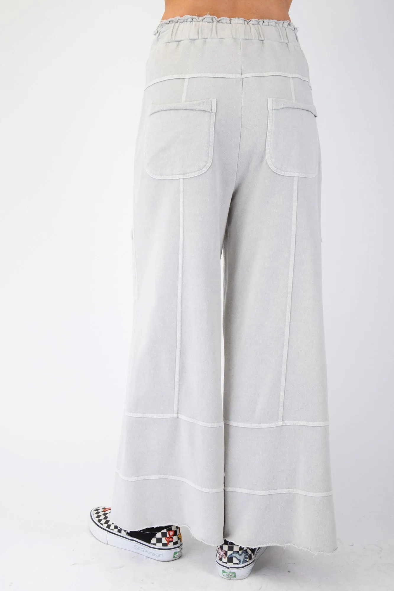 Easel Mineral Washed Terry Knit Pants in Light Grey