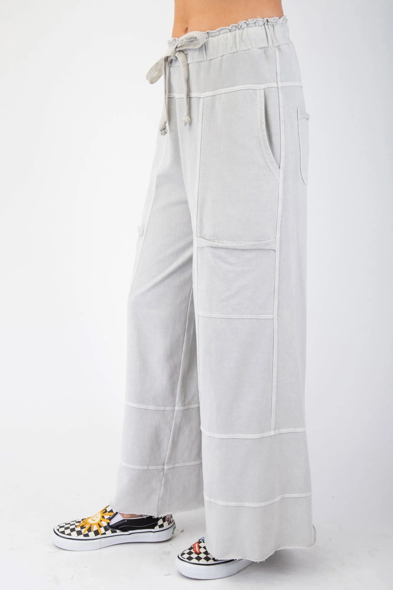 Easel Mineral Washed Terry Knit Pants in Light Grey