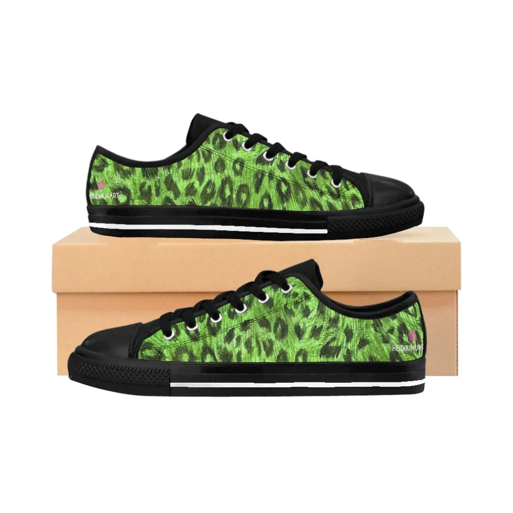 Green Leopard Men's Low Tops, Best Animal Print Premium Low Top Canvas Running Shoes