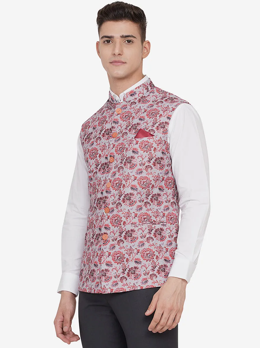 Grey & Red Printed Regular Fit Bandhgala Jacket | JB Studio