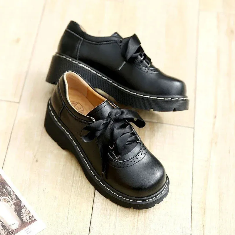 Hnzxzm Women Ribbon Lace Up Oxford Shoes Genuine Split Leather Brogues New Arrival Retro Ladies Flats Zapatos De Mujer