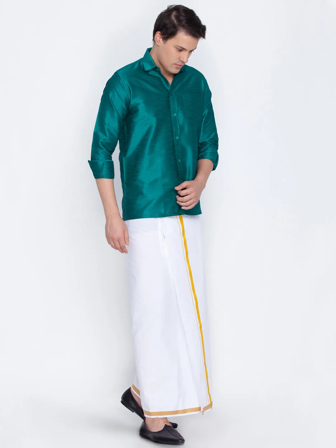 Jashvi Men's Green Cotton Silk Blend Shirt and Mundu Set