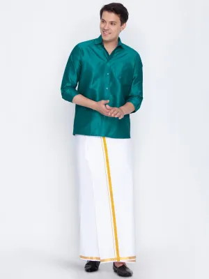 Jashvi Men's Green Cotton Silk Blend Shirt and Mundu Set