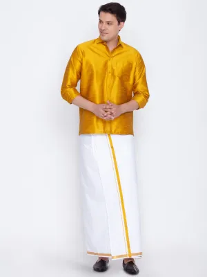 Jashvi Men's Yellow Cotton Silk Blend Shirt and Mundu Set