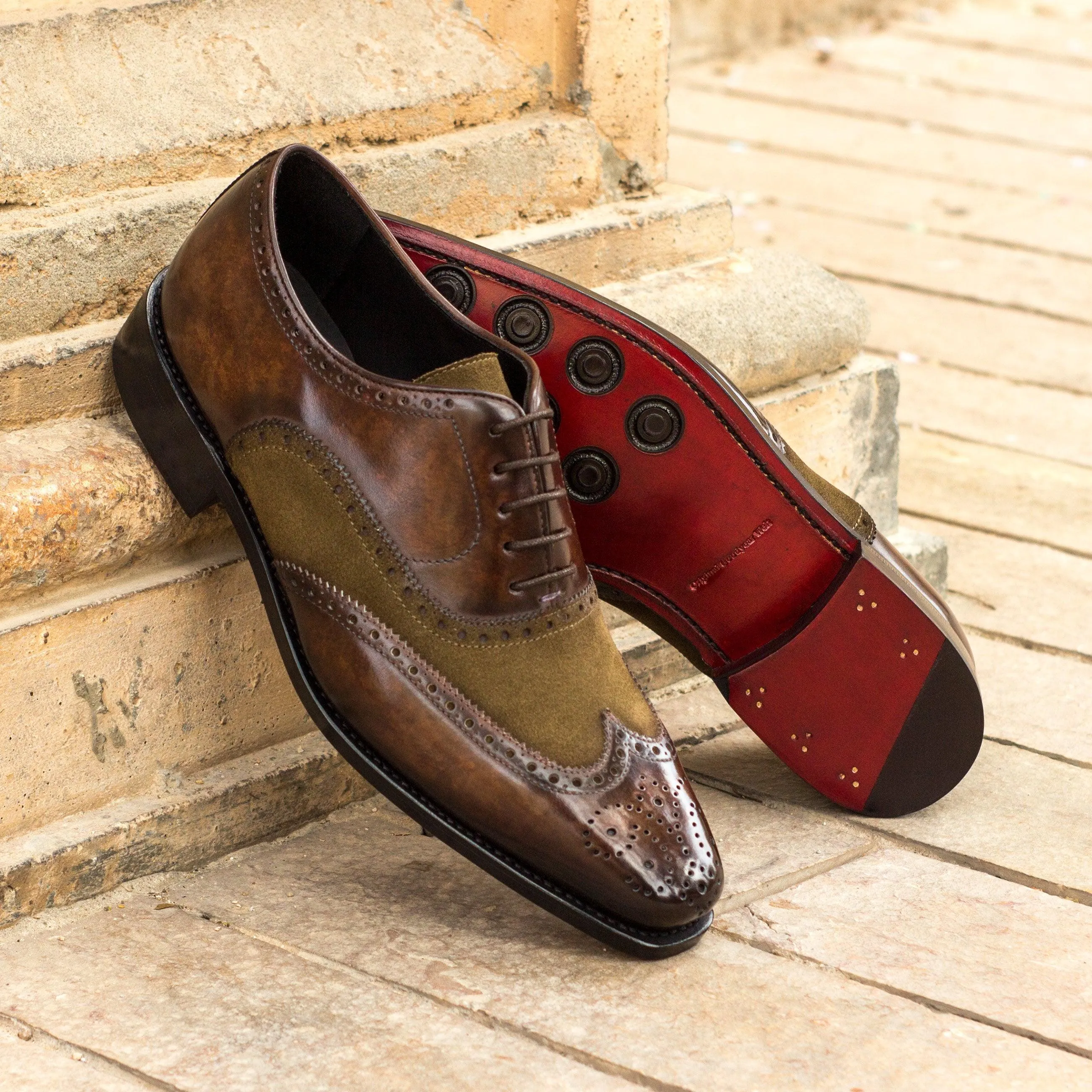 khaki Suede & Brown marbled Patina Brogue