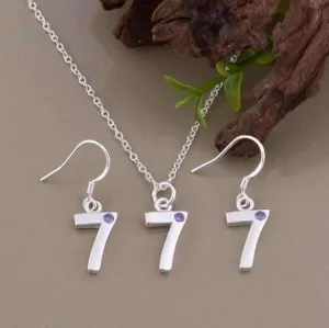 Lucky Number 7 Silver Matching Necklace and Earrings Set