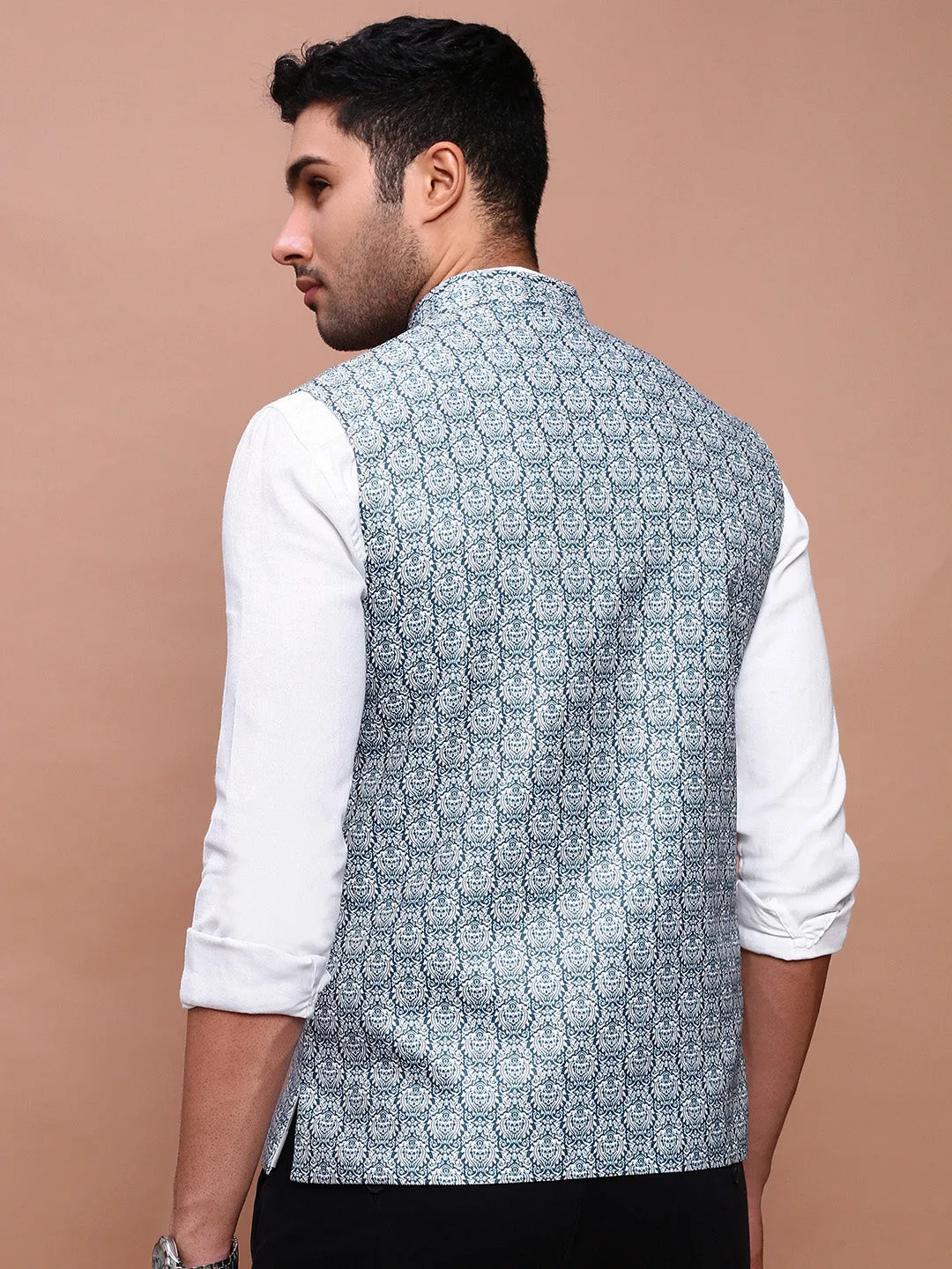 Men Printed Teal Slim Fit Nehru Jacket