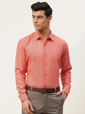 Men's Cotton Dark Peach Self Design Classic Formal Shirt - Sojanya