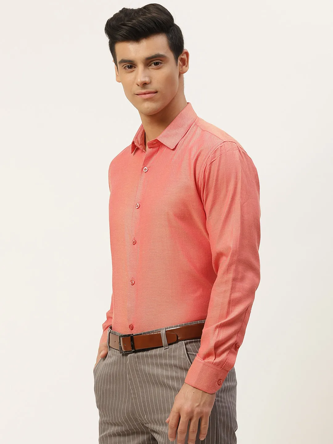 Men's Cotton Dark Peach Self Design Classic Formal Shirt - Sojanya