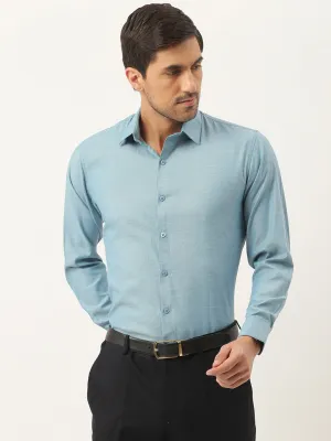 Men's Cotton Teal Blue Self Design Classic Formal Shirt - Sojanya