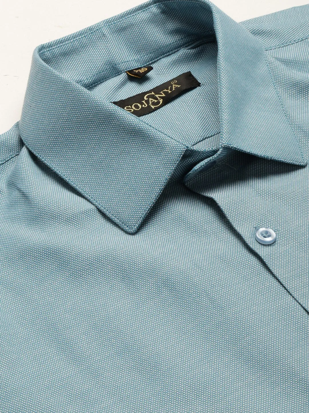 Men's Cotton Teal Blue Self Design Classic Formal Shirt - Sojanya