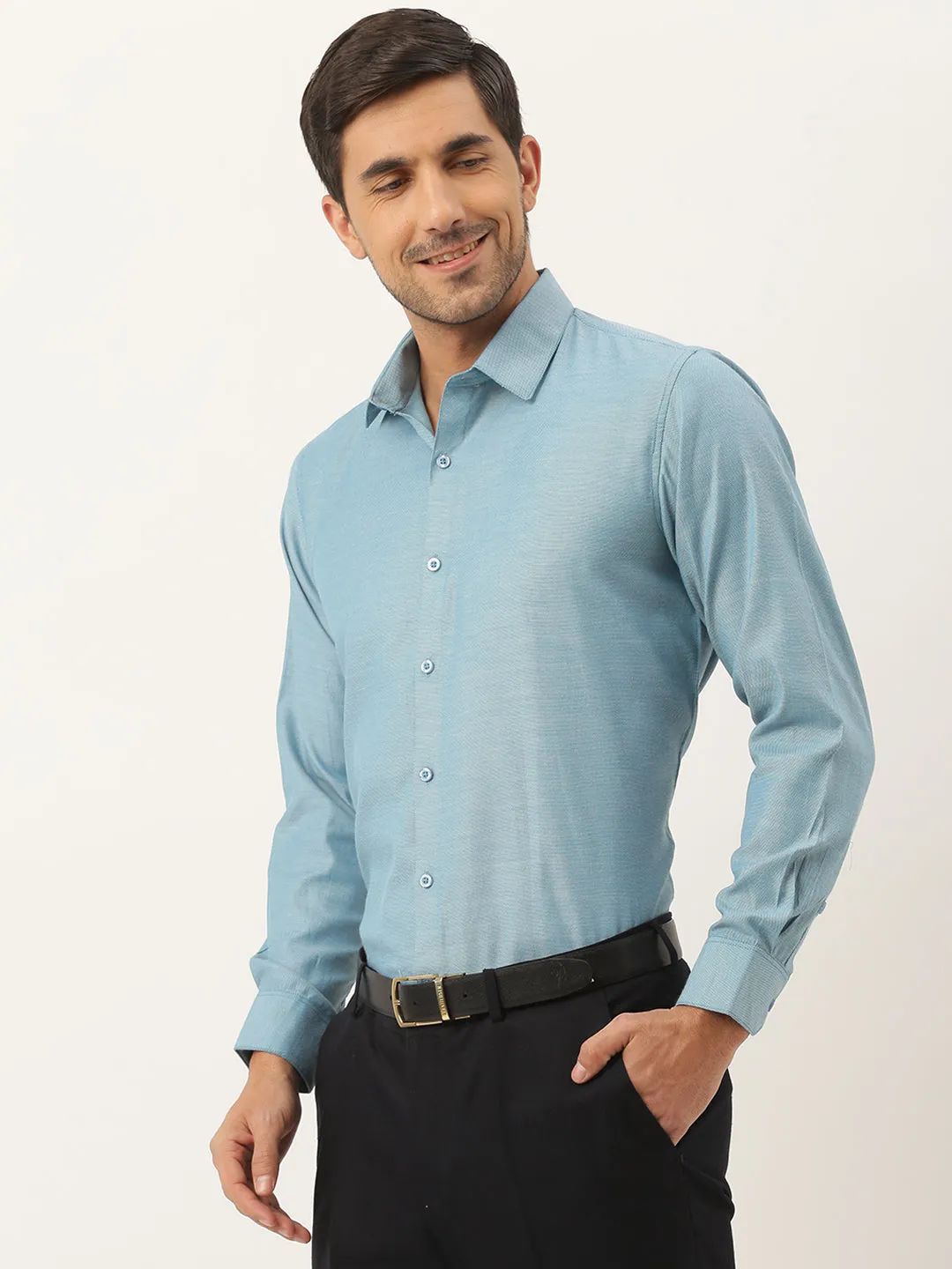 Men's Cotton Teal Blue Self Design Classic Formal Shirt - Sojanya