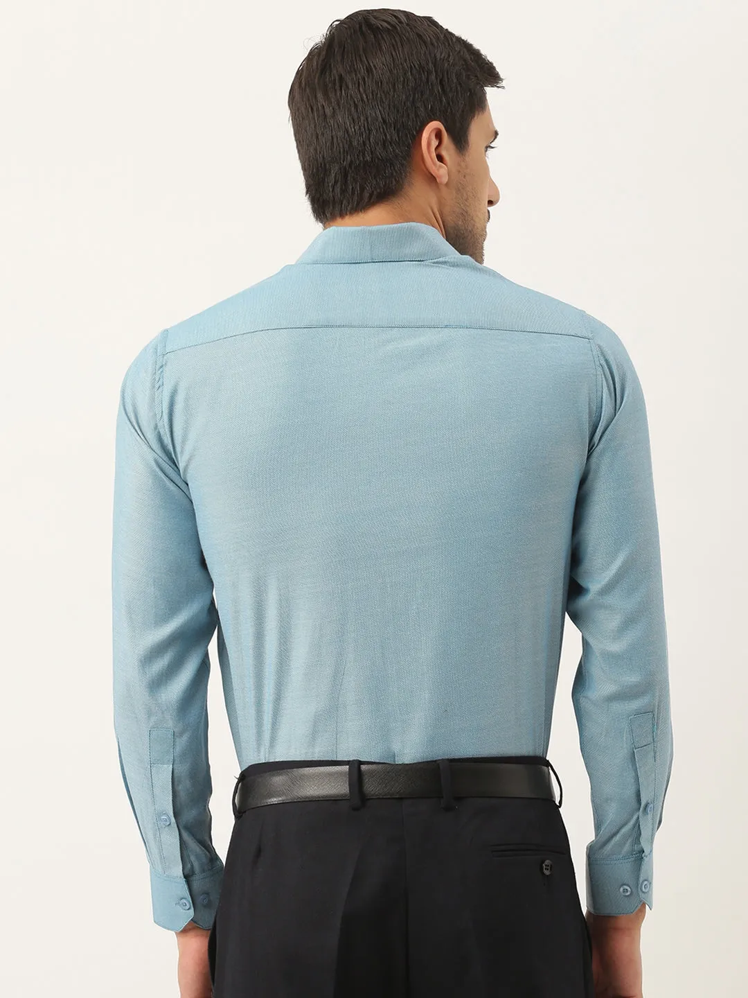 Men's Cotton Teal Blue Self Design Classic Formal Shirt - Sojanya