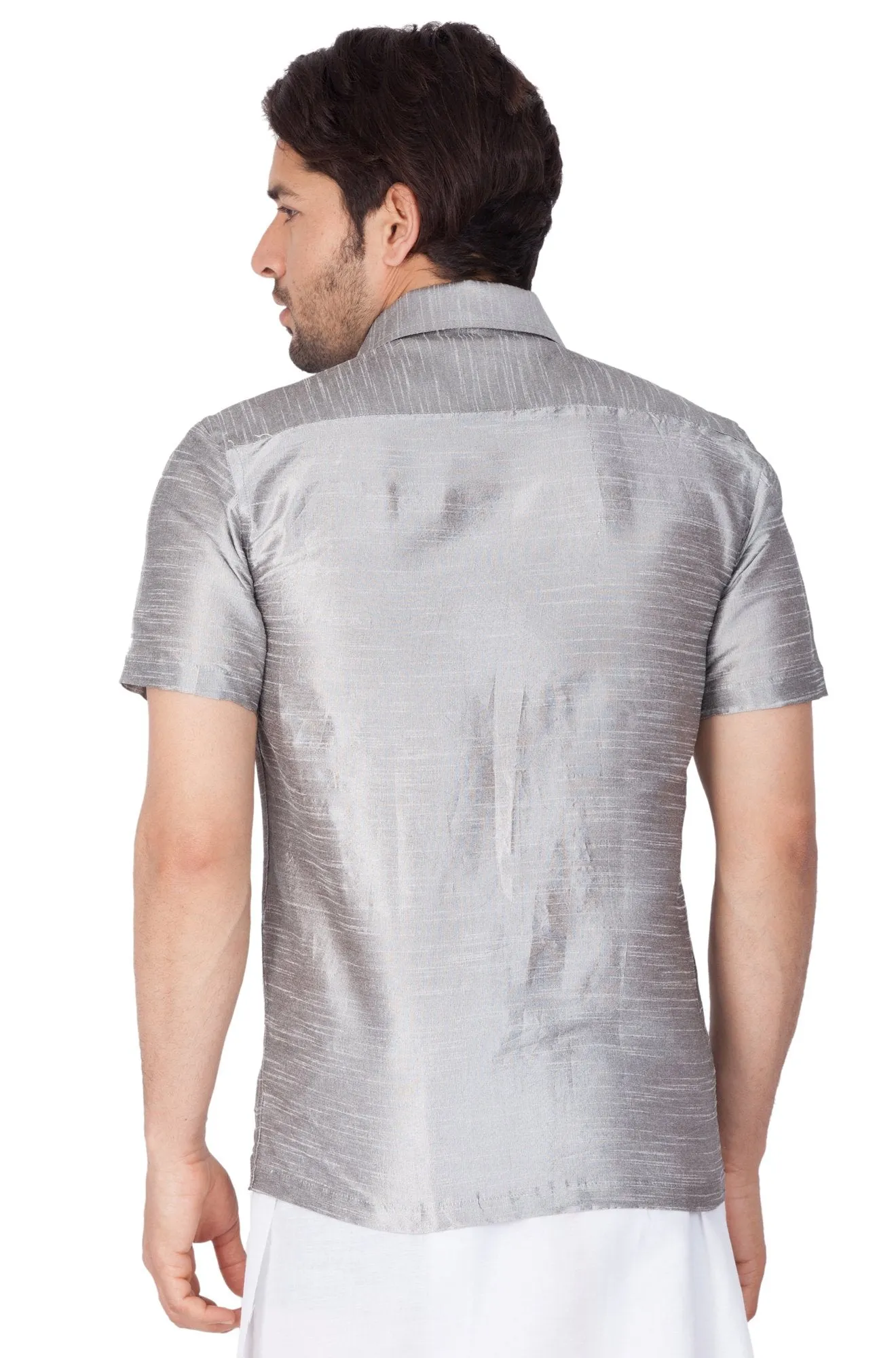 Men's Grey Cotton Silk Blend Ethnic Shirt - Vastramay