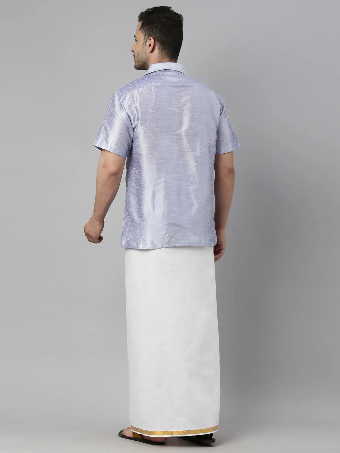 Men's Lavander And White Silk Blend Shirt And Mundu - Vastramay