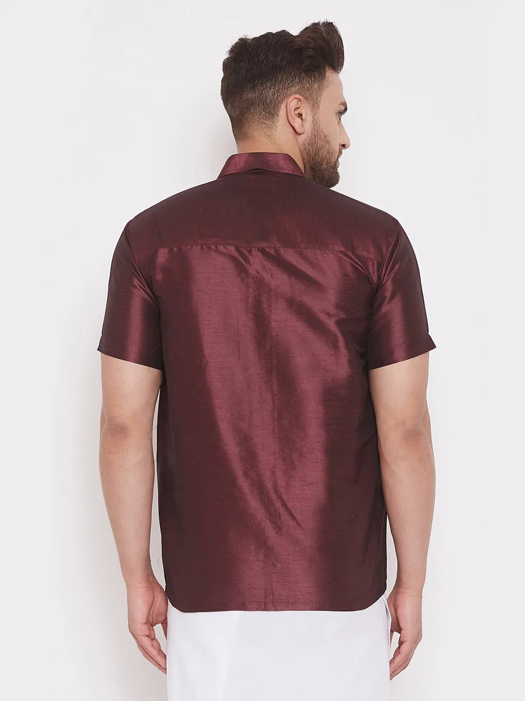 Men's Wine Silk Blend Ethnic Shirt - Vastramay