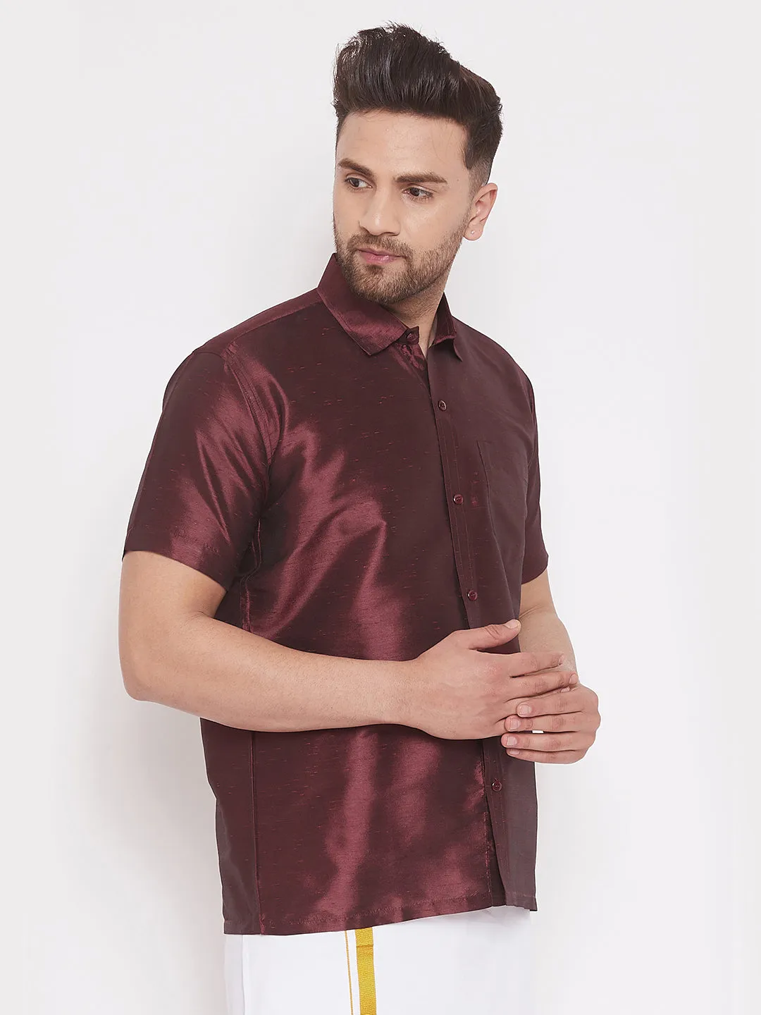 Men's Wine Silk Blend Ethnic Shirt - Vastramay