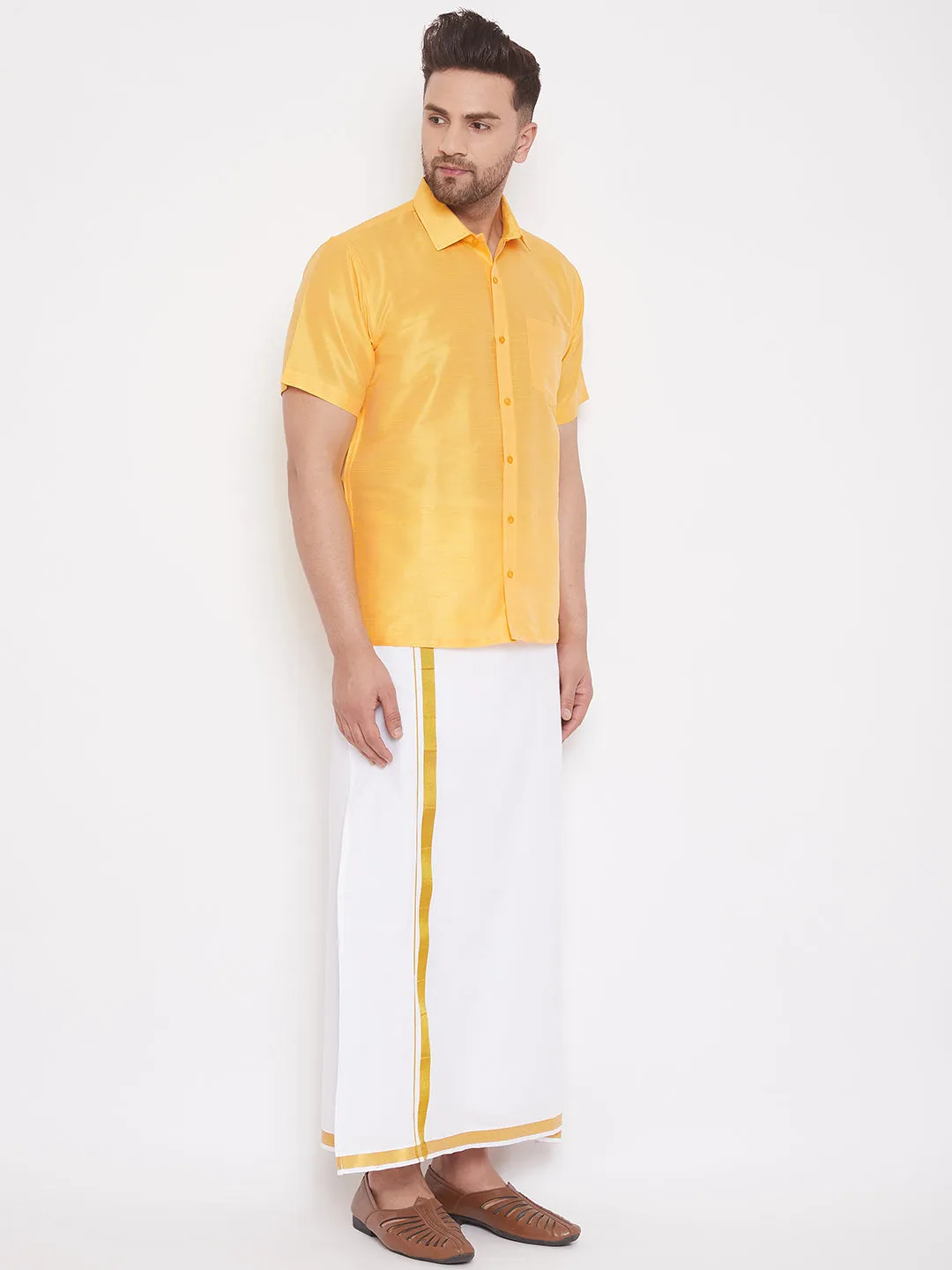 Men's Yellow And White Silk Blend Shirt And Mundu - Vastramay