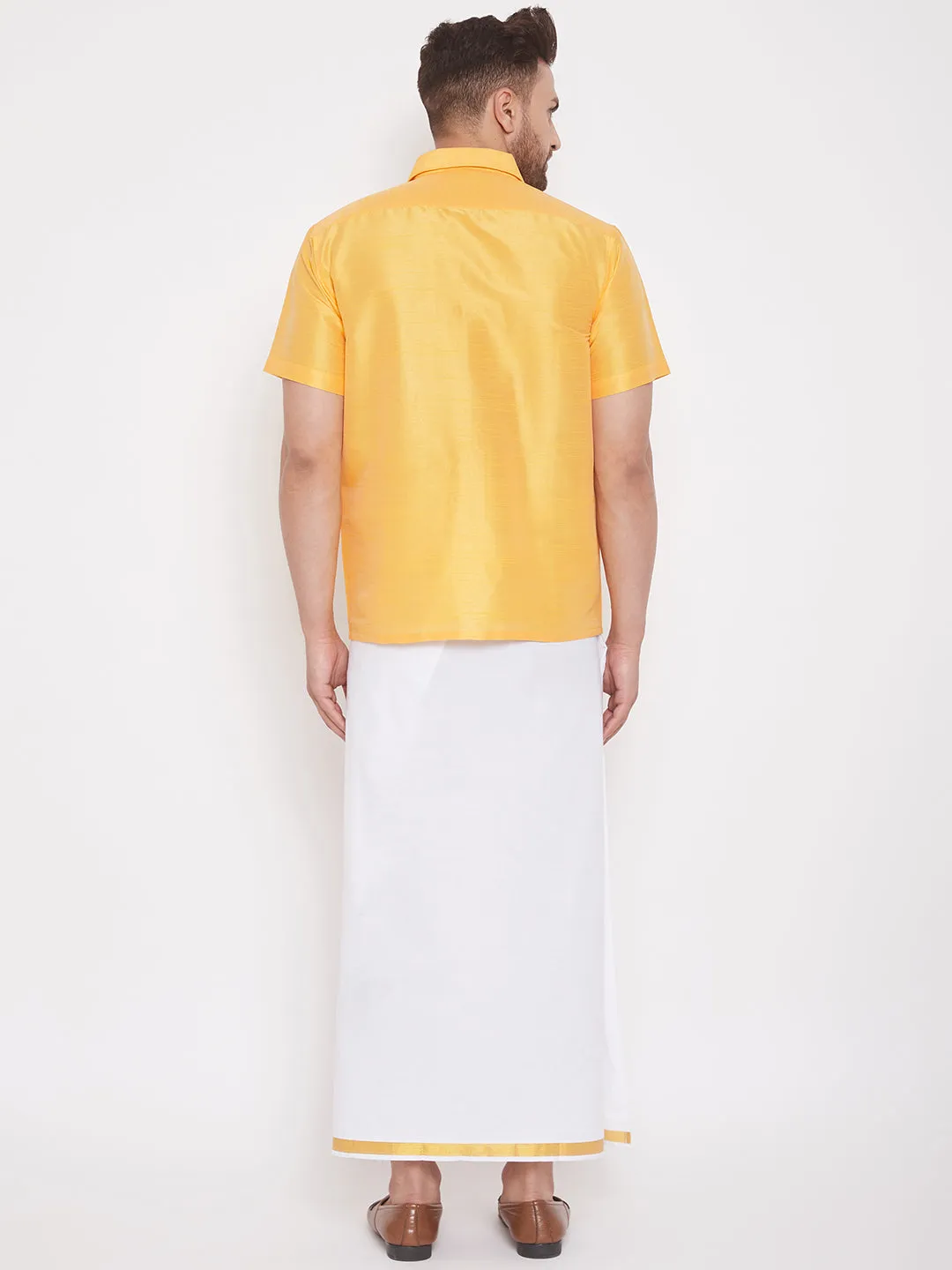 Men's Yellow And White Silk Blend Shirt And Mundu - Vastramay