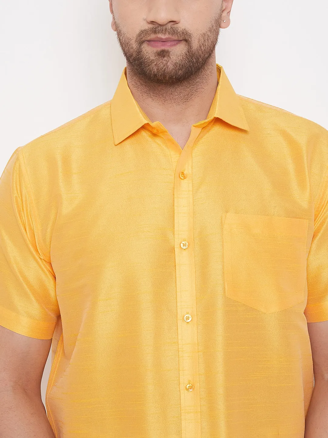 Men's Yellow And White Silk Blend Shirt And Mundu - Vastramay