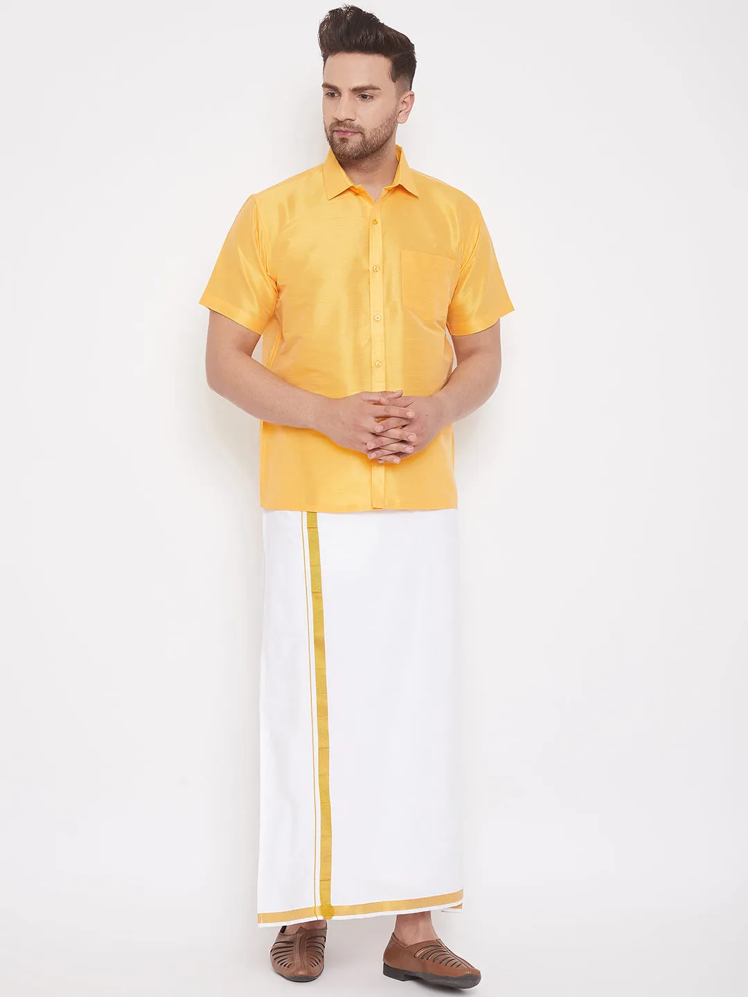 Men's Yellow And White Silk Blend Shirt And Mundu - Vastramay