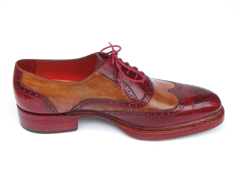 Paul Parkman Men's Triple Leather Sole Wingtip Brogues Bordeaux & Camel (ID#027-TRP-CMLBRD)