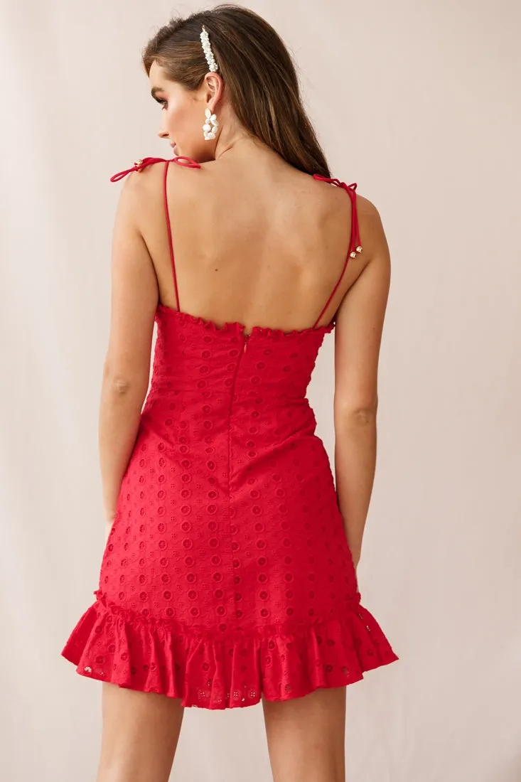 Pippa Eyelet Embroidered Frill Trim Dress Red