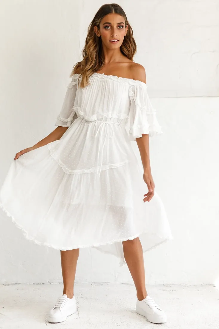 Renoir Off-Shoulder Frill Trim Midi Dress White