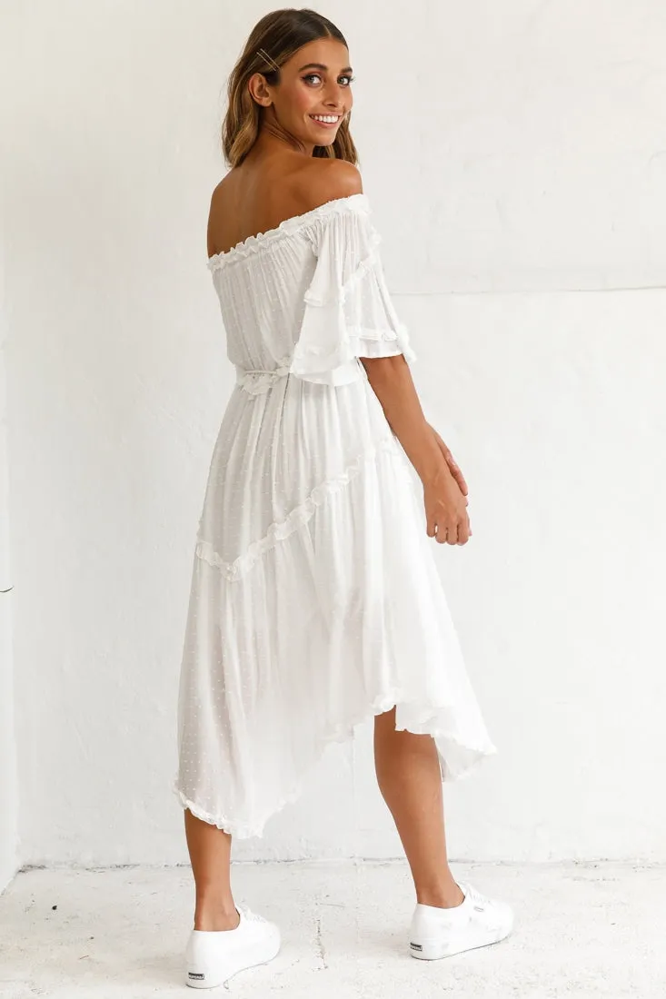 Renoir Off-Shoulder Frill Trim Midi Dress White