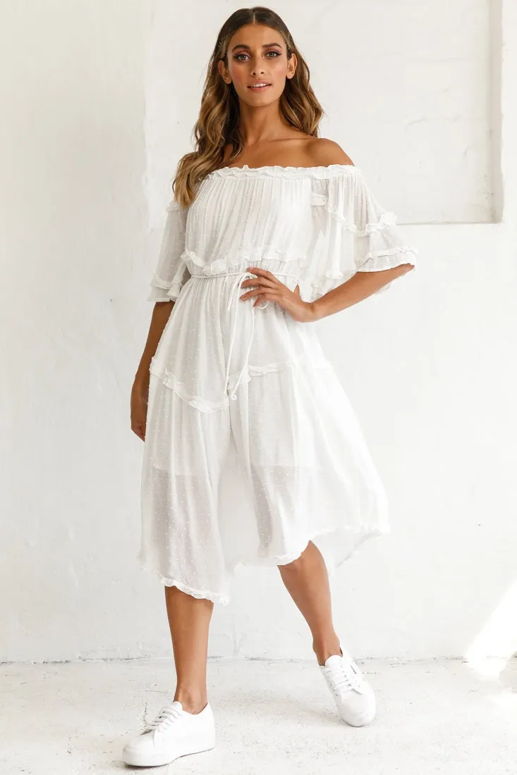 Renoir Off-Shoulder Frill Trim Midi Dress White