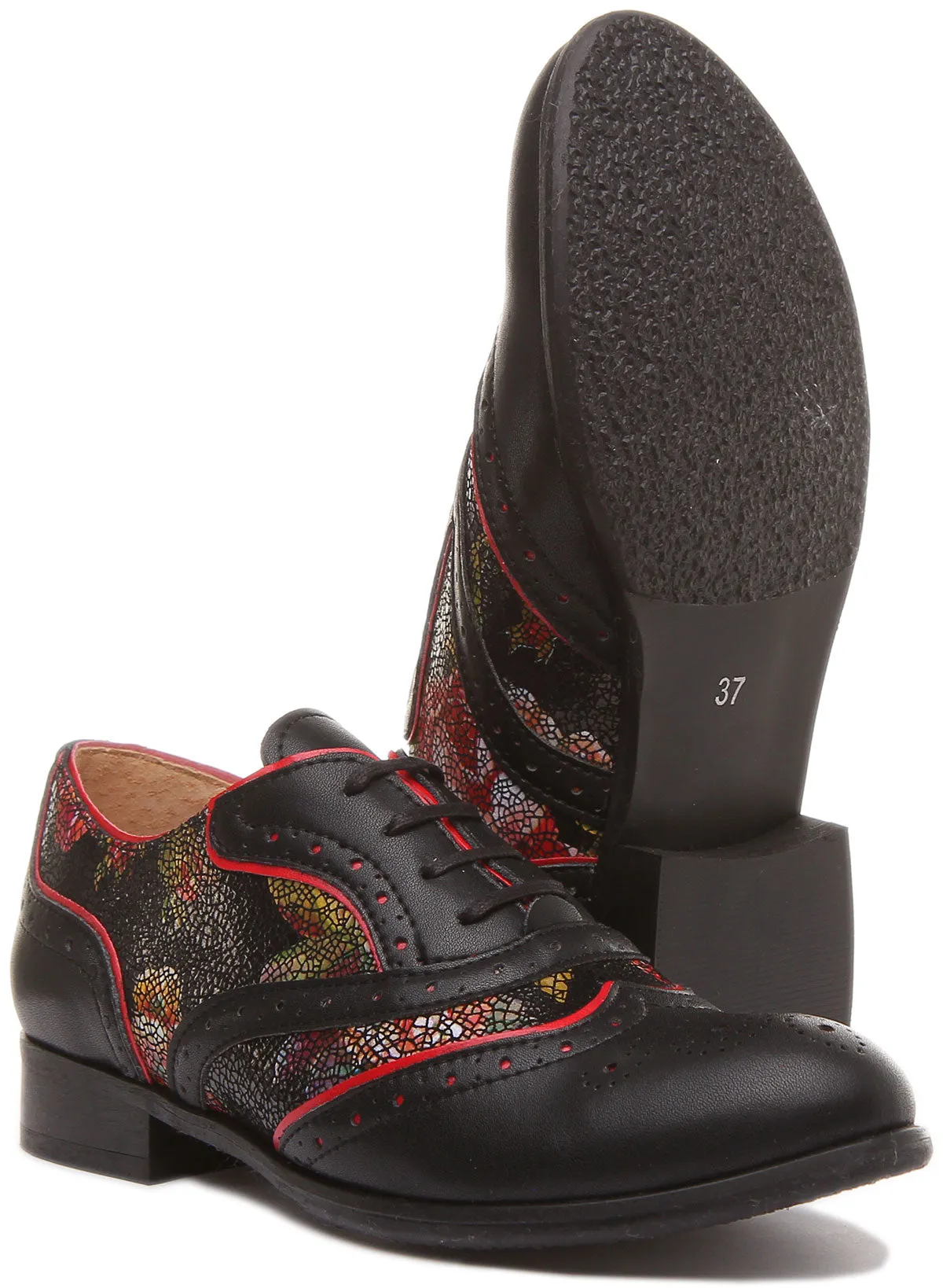 Roxana Lace up Soft Leather Brogue Shoes in Black Flower Print