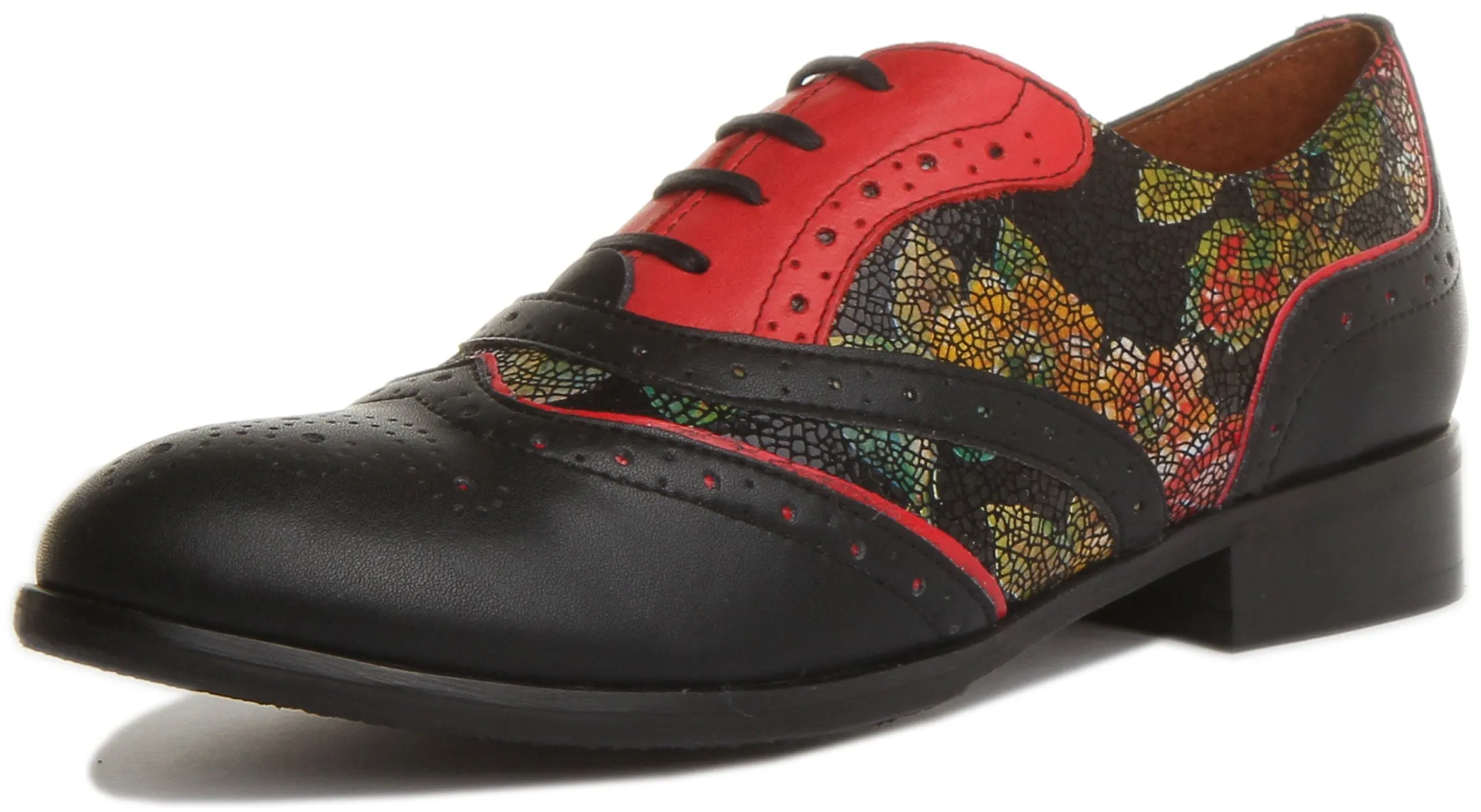 Roxana Lace up Soft Leather Brogue Shoes in Black Red