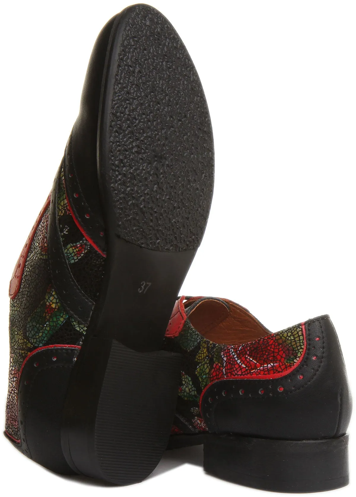 Roxana Lace up Soft Leather Brogue Shoes in Black Red